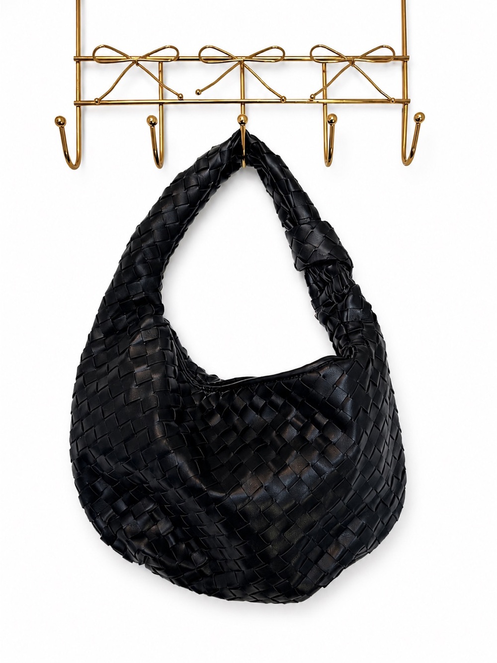 Woven Black Leather Hobo Bag - Slouchy Shoulder Tote